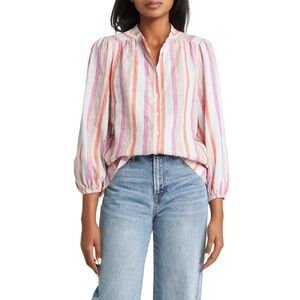 Boden Striped Linen Button Front Blouse Size 2 Multicolor Preppy Colorful Resort